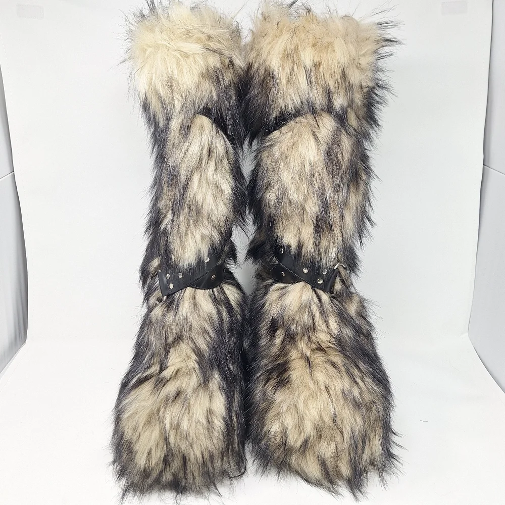Dolls Kill Club Exx Knee High Fur Wedge Platform Boots Black Tan Studs Buckles